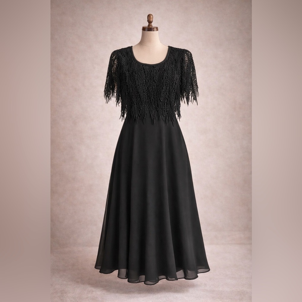 Vintage 80s Night Way Collections Black Fringe Lace Party Dress, Sz M/L